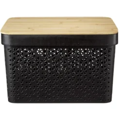 Panière noire avec couvercle bambou naturel H13,5 cm