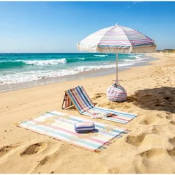 Parasol de plage anti envol toile rayures multicolores UPF50+ Ø160xH195cm