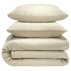 Parure de lit 2 personnes 220x240cm beige finition bouton 3 pièces
