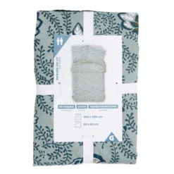 Parure de lit 2 personnes 240x220cm coton motif végétal bleu et vert