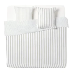Parure de lit 2 personnes 260x240cm réversible rayure beige et blanc