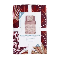 Parure de lit 1 personne 140x200cm coton motif feuillage rouge