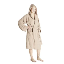 Peignoir éponge à capuche 100% coton marron clair