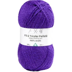Pelote de fil à tricoter acrylique pailletes violet 100Gr