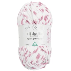 Pelote de fil à tricoter chenille blanc et rose 120m