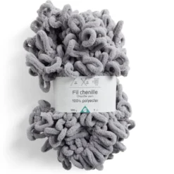 Pelote fil à tricoter 9m effet chenille polyester gris clair 100g