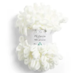 Pelote fil à tricoter 9m effet chenille polyester blanc écru 100g