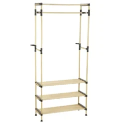 Penderie avec 3 étageres bois beige et plastique noir - 77x28xH164cm