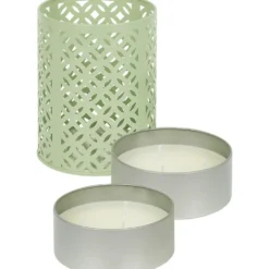 Photophore en métal vert avec 2 bougies à la citronnelle 3 mèches 12H