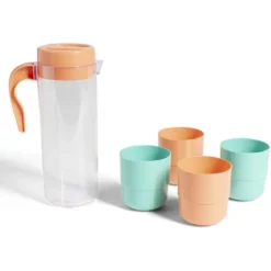 Pichet pique-nique avec 4 tasses plastique vert et orange Ø24xH8,5cm