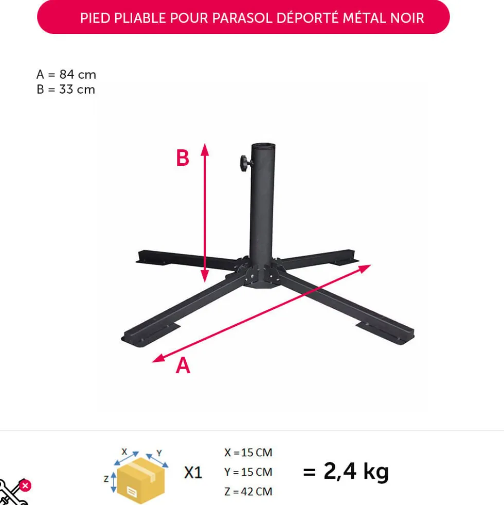 Pied pliable pour parasol déporté métal noir