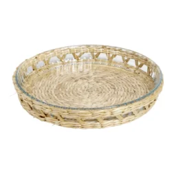 Plat à four en verre transparent et déco raphia beige Ø27,5xH4,5cm
