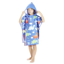 Poncho capuche sortie de plage enfant motif dino bleu 60x60xH120cm