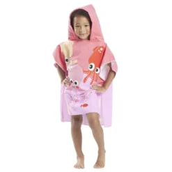 Poncho capuche sortie de plage enfant motif poulpe rose 60x60xH120cm