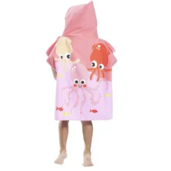 Poncho capuche sortie de plage enfant motif poulpe rose 60x60xH120cm