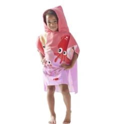 Poncho capuche sortie de plage enfant motif poulpe rose 60x60xH120cm
