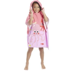 Poncho capuche sortie de plage enfant motif poulpe rose 60x60xH120cm