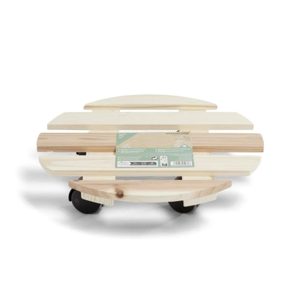 Porte plante bois rond avec roulettes Ø30 cm