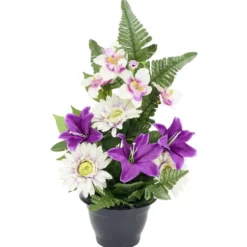 Pot composition fleur artificielle violet et blanc