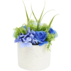 Pot corde rose et hortensia artificiel Ø20xH22cm