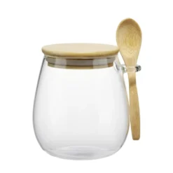 Pot de conservation hermétique rond 1L en verre avec couvercle et cuillère en bambou