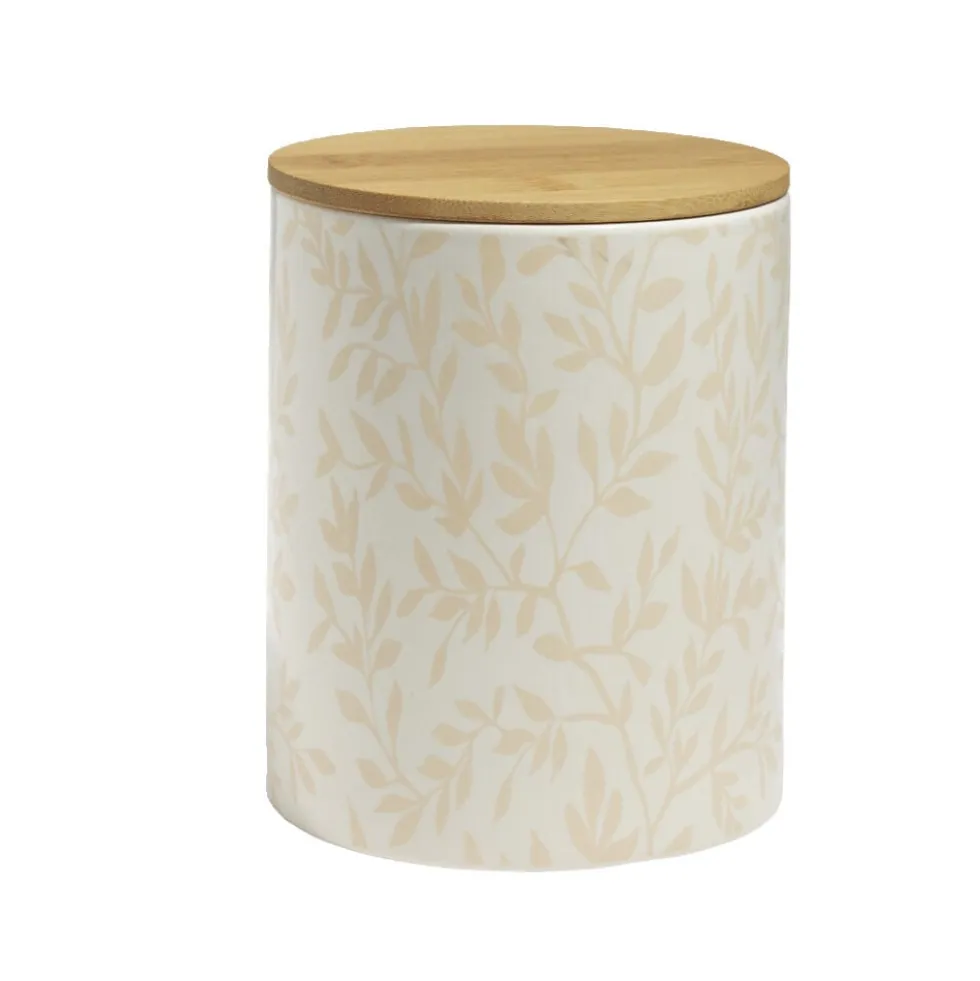 Pot de conservation 1,2L grès motif feuillage couvercle bambou Ø12xH14,5cm