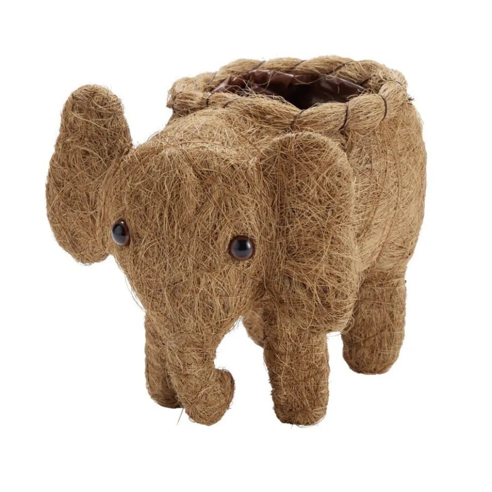 Pot de fleur forme éléphant fibre de coco et métal marron 24x13xH17cm