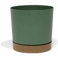 Pot de jardin Tubo plastique vert avec soucoupe marron Ø29,2cm