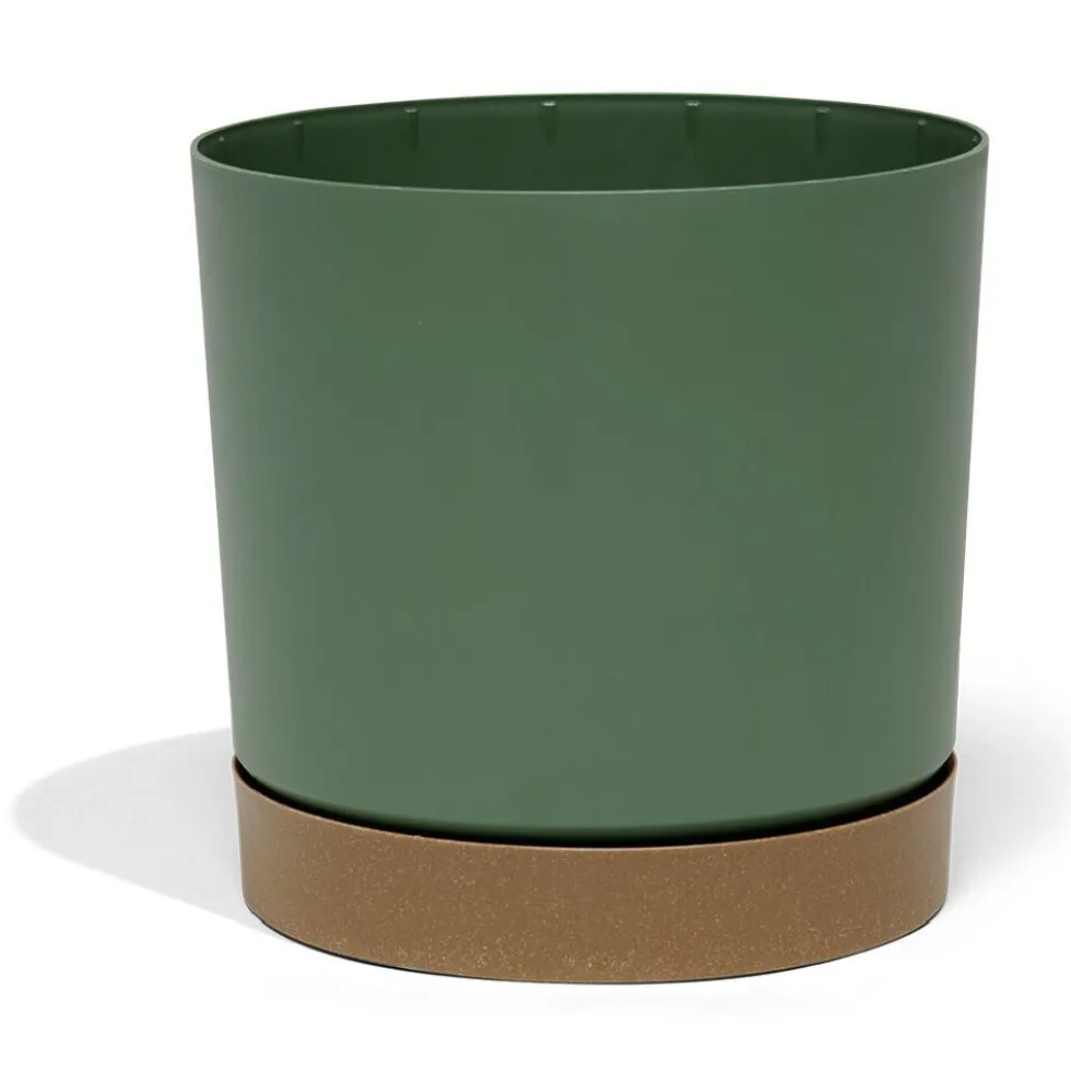 Pot de jardin Tubo plastique vert avec soucoupe marron Ø29,2cm