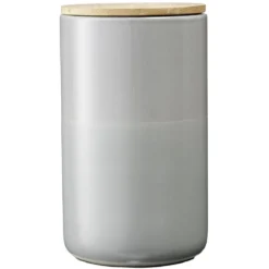 Pot en céramique gris avec couvercle en bois H16,5 cm