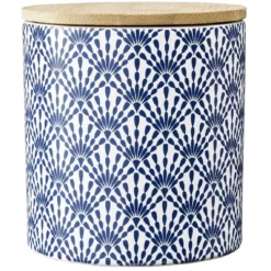 Pot en céramique à motif bleu avec couvercle en bois H10,5 cm
