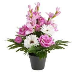 Pot fleurs artificielles rose/gerbera/lisiant rose et violet 18 tiges H42cm