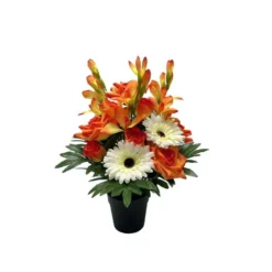 Pot fleurs artificielles rose/gerbera/lisiant orange et rouge 18 tiges H42cm