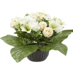 Pot rose+lys H38 cm jaune blanc - Fleur artificielle 32 têtes