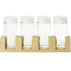 Pots à épices en verre x4 avec support en bambou 20x4,5xH11cm