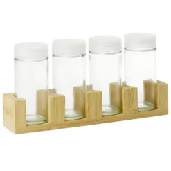 Pots à épices en verre x4 avec support en bambou 20x4,5xH11cm