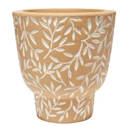 Pot terre cuite orange motif feuillage blanc Ø13,5xH13,5cm