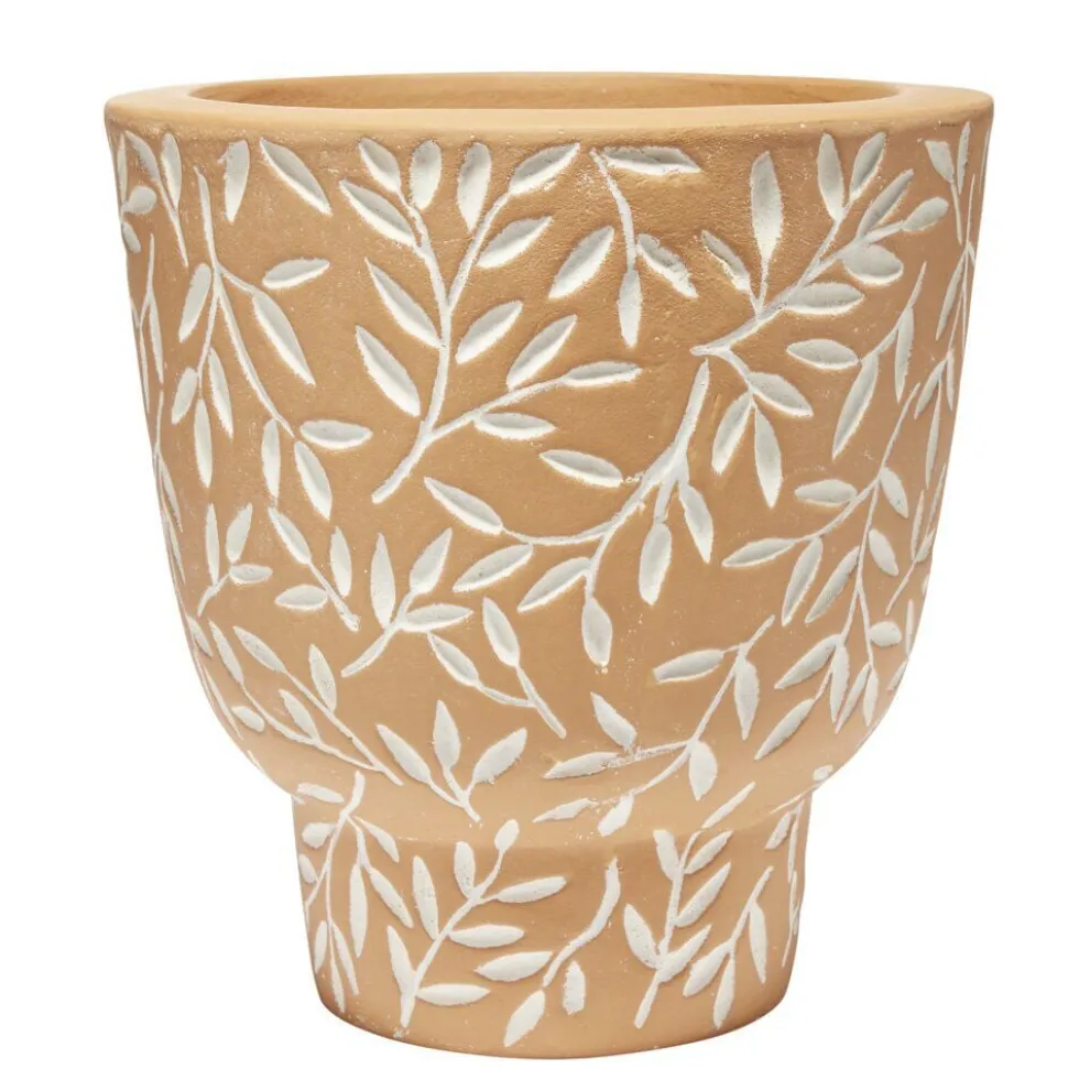 Pot terre cuite orange motif feuillage blanc Ø13,5xH13,5cm