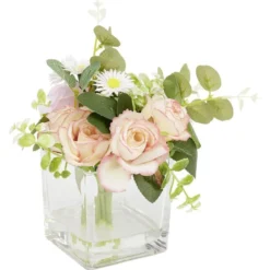 Pot verre transparent fleur artificielle L18x18xH22cm