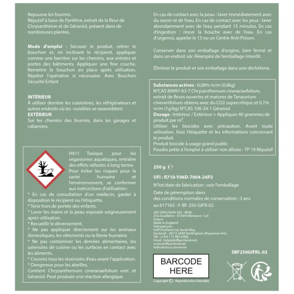 Poudre anti-fourmis et insectes rampants 250g