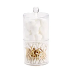 Rangement cosmétique plastique transparent avec coton et coton tige bambou Ø10xH19cm