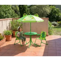Salon de jardin enfant grenouille chaises table et parasol vert