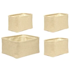 Set de 4 panières tissu bouclette blanc 2 tailles 36x16xH26cm et 23x16xH14cm