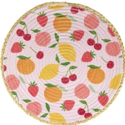 Set de table rond coton et paille fruits rose Ø35cm