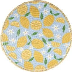 Set de table rond coton et paille citron jaune et bleu Ø35cm
