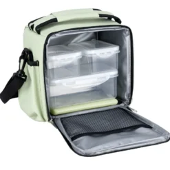 Set lunch bag isotherme tissu blanc 3 boîtes et 1 bloc de glace 18x17xH20,5cm