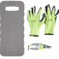 Set outils jardinage x3 coussin, gants, sécateur métal et plastique bleu et vert