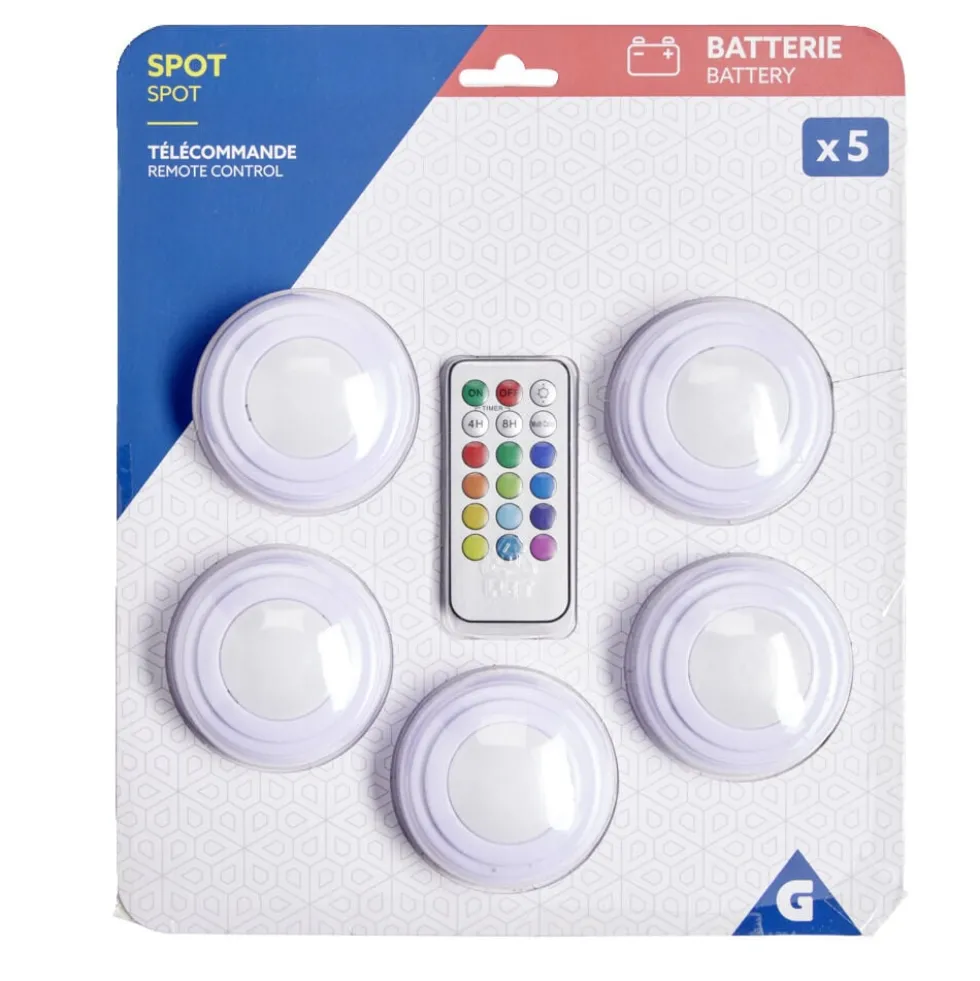 Spot LED x5 RGB avec télécommande Ø6,8cm