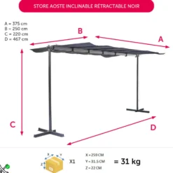 Store inclinable rétractable Aoste noir 375x250xH220cm 9,37m²