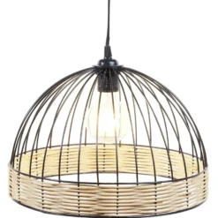 Suspension ronde métal osier noir et marron Ø35xH22cm
